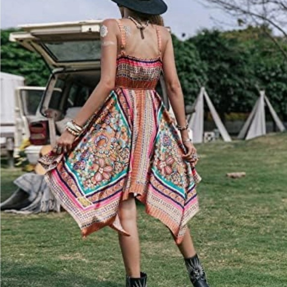 Rusttydustty Scarf Print Hanky Hem Cami Bohemian Dress Size Small - Picture 3 of 11